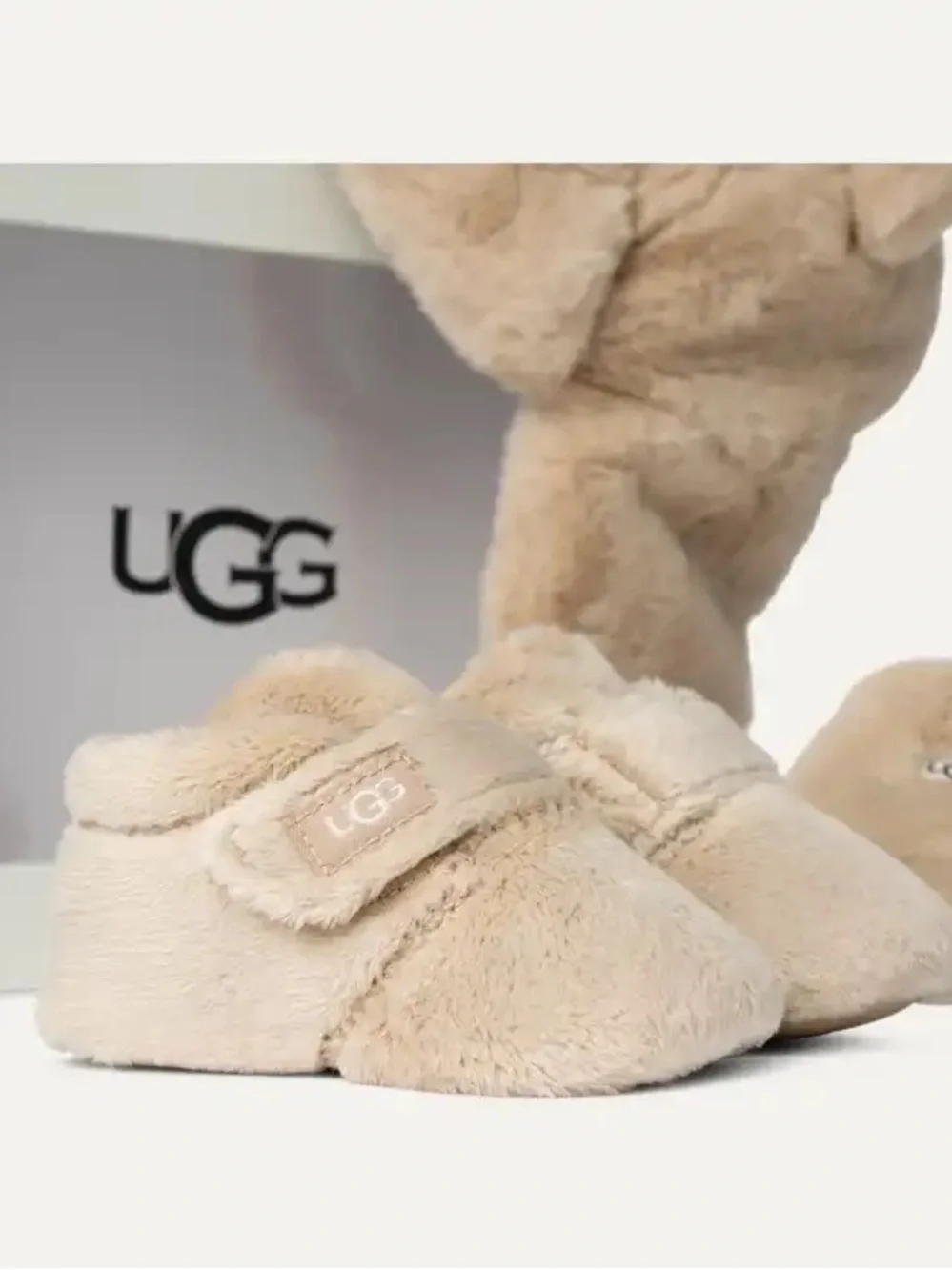 UGG Baby Tan Shearling Fur Bear Hat with Matching Bootie, and Mittens.